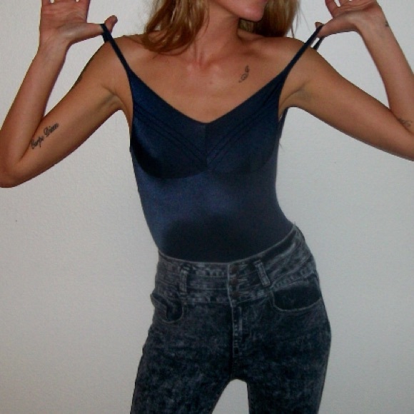 Open back navy blue silky body suit size xs 90s