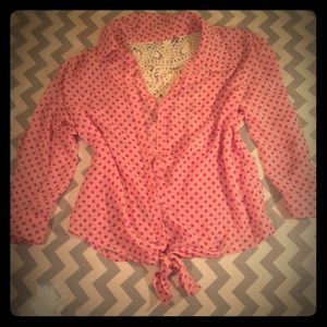 Pocka-dot Pink tie at the waist Blouse