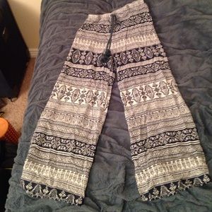 Navy blue and white flowy pants.