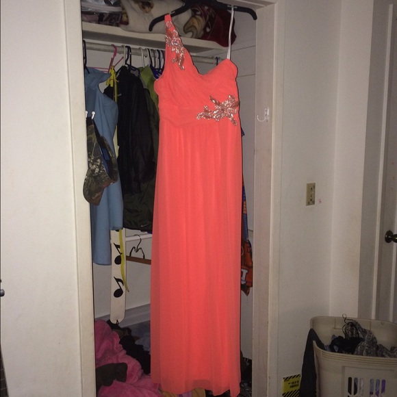 Coral rhinestone one shoulder prom dress!
