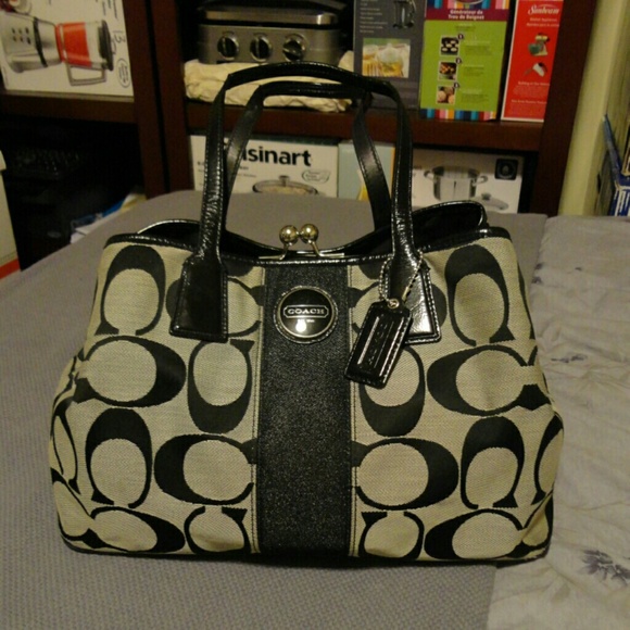 Coach Signature Stripe Black carryall tote bag