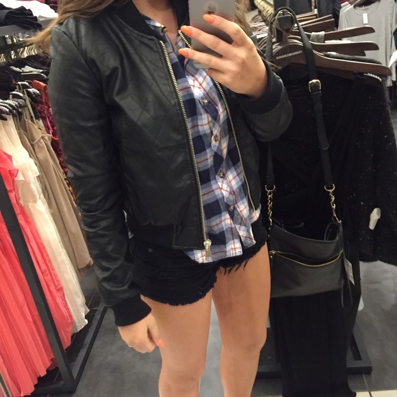 Sweaters - black crew neck quilted faux leather jacket!