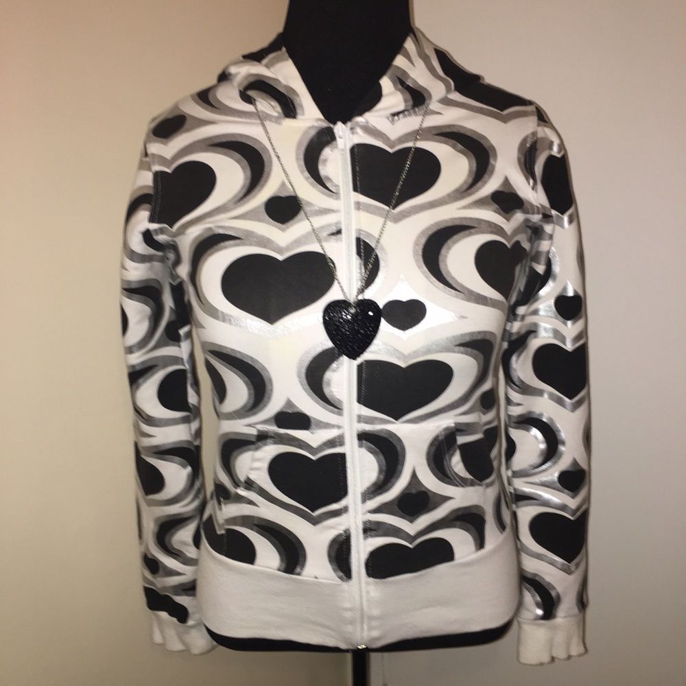 White zip up hoodie with metallic hearts!
