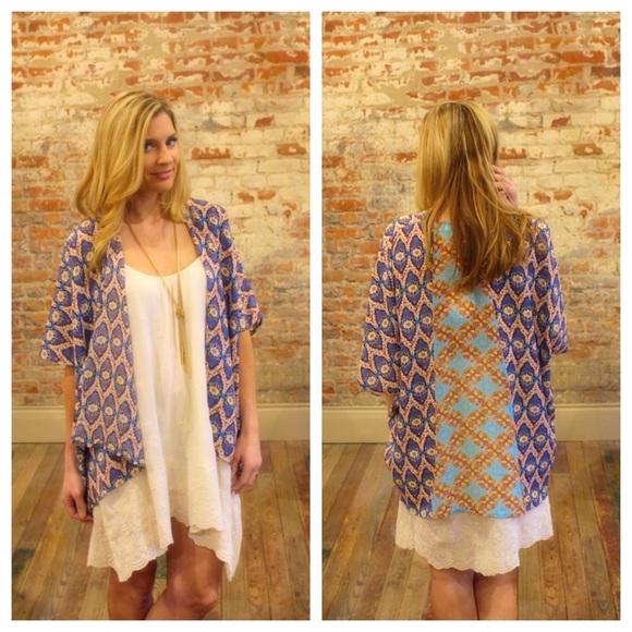 Blue/coral mixed print kimono - Picture 2 of 3