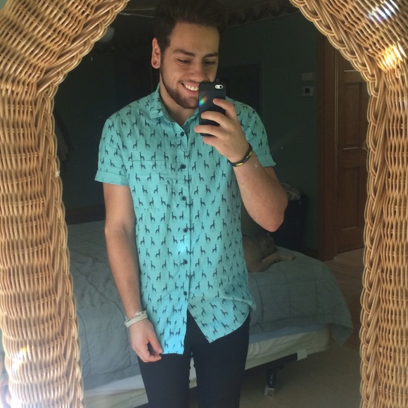 Topman Giraffe Teal Blue Button Down Shirt
