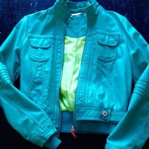 Faux leather Moto jacket, teal, mint condition !