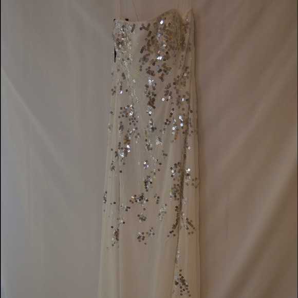 White chiffon & silver sequin prom gown