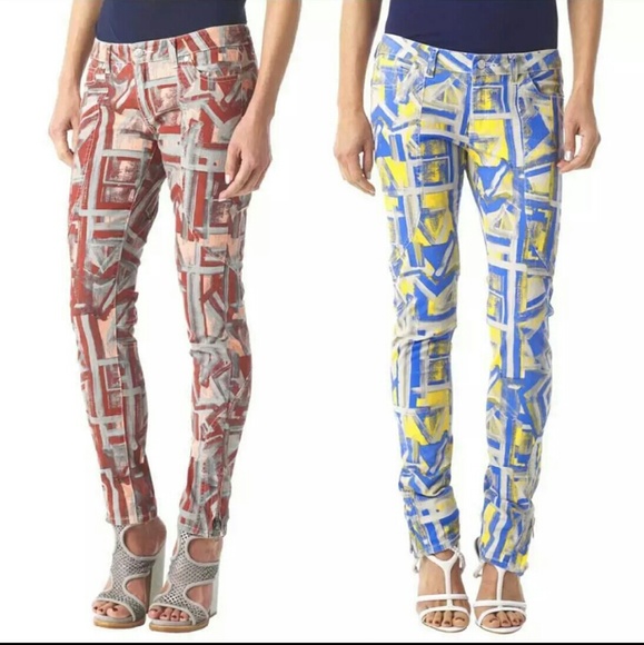 New Monika Chiang Red Print Runway Jeans - Picture 2 of 3