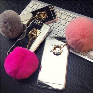 I phone Mirror phone case with faux fur ball