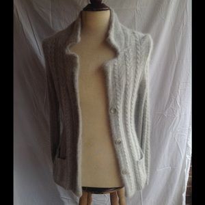 Gray cardigan cable knit sweater.