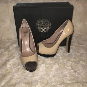 Vince Camuto tan peep toe platforms