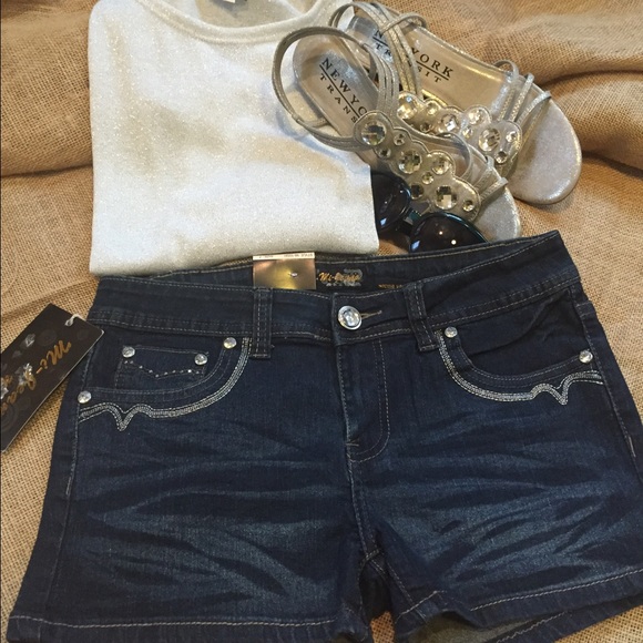 Dark Denim 5-Pocket Shorts w/Rhinestone Accents