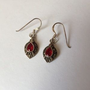 Vintage sterling silver drop earrings red stone