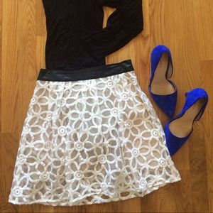 White Lace Skirt With Faux Leather Waistband