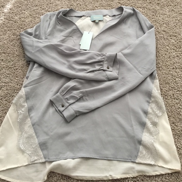 Gray and cream blouse, lace detail