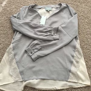 Gray and cream blouse, lace detail