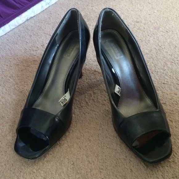 Black Open Toe Patent Heels