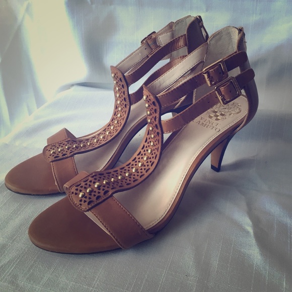 Vince Camuto Tan Leather Gold Studded heel Sandals