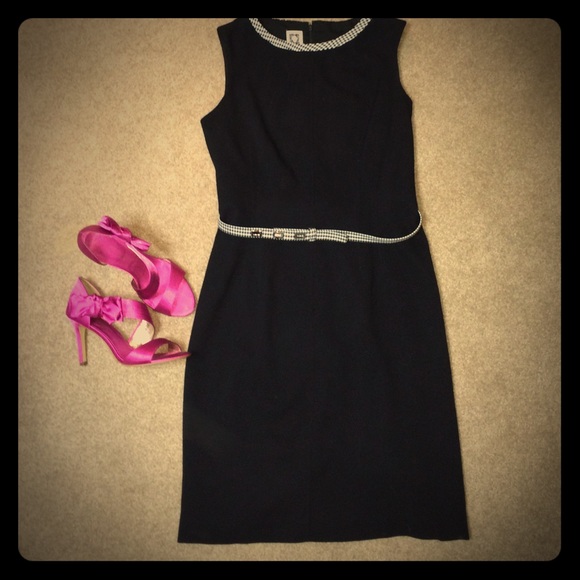 Black shift dress with houndstooth belt and neck