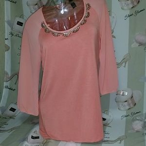 BKE Boutique Coral sheer sleeve with rhinestones M