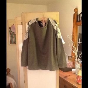Cold Shoulder Lace Enhanced Gray Sweat Shirt