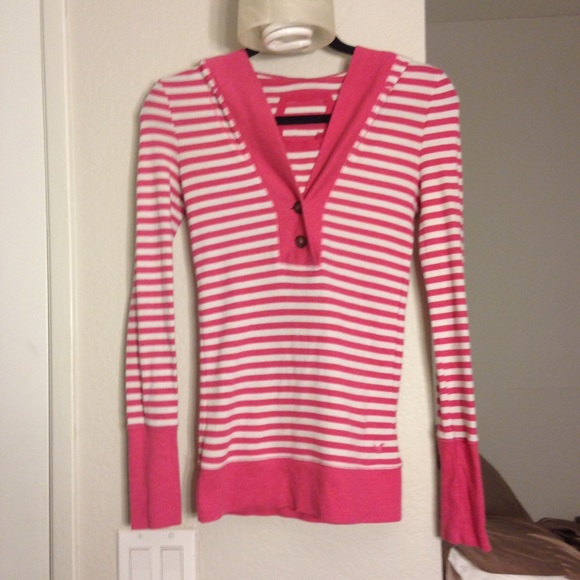 Pink and white striped long sleeve hoodie top