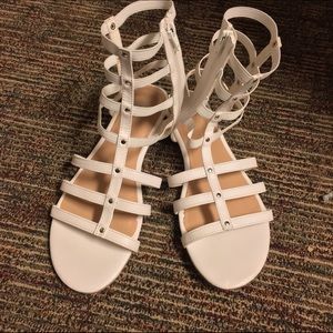 new white stretchy studded greecian sandals