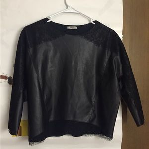 Zara faux leather detail lace black top