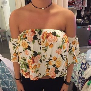 Tobi Floral Print Off Shoulder Crop Top