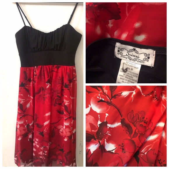 Red black floral spaghetti strap cocktail Dress