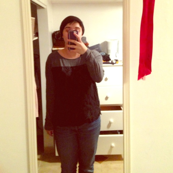 Long sleeved gray T with black lace overlay