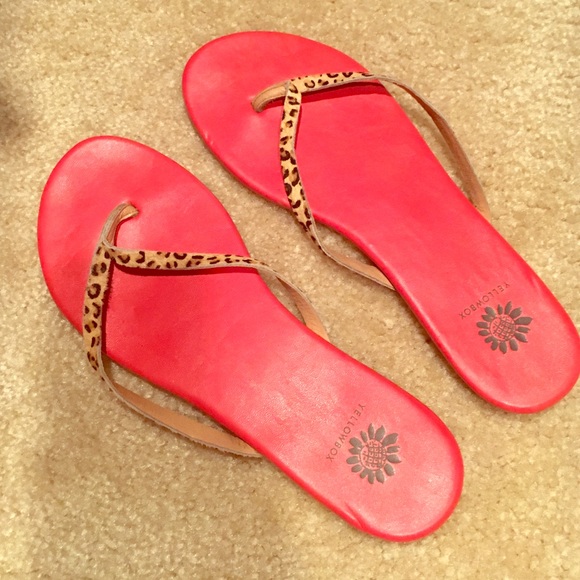 SOLD Yellow box Coral and Leopard Flip Flops