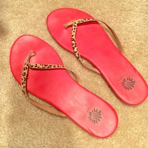 SOLD Yellow box Coral and Leopard Flip Flops