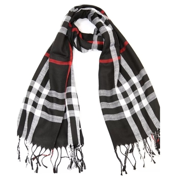 💜 Modern Plaid Black White Scarf - Picture 2 of 4