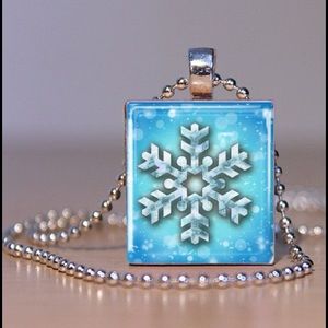 Scrabble Tile Necklace Snowflake on Blue
