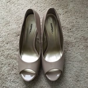 XAppeal beige/mocha and gold heels.