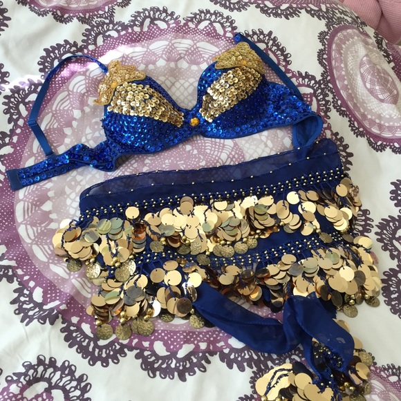 Blue and gold belly dancing bra and wrap - Picture 1 of 2
