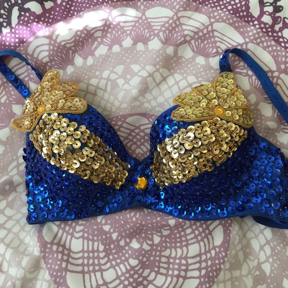 Blue and gold belly dancing bra and wrap - Picture 2 of 2