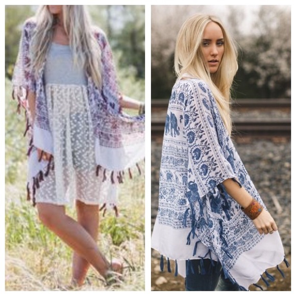 Three Bird Nest Accessories - BURGUNDY ELEPHANT KIMONO WITH FRINGE NEW OS