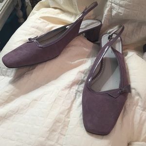Lavender suede and patent leather sling backs.