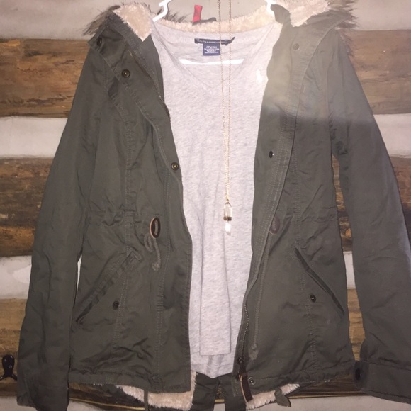 Army Green Fleece Winter Coat With Furry Hood