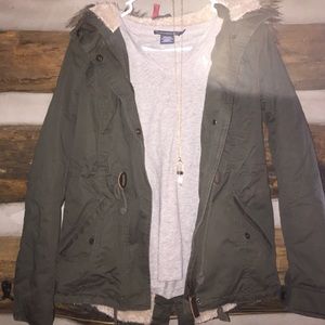 Army Green Fleece Winter Coat With Furry Hood