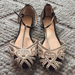 Zara Two-Tone T-Strap Sandals with Rhinestones