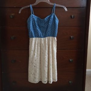 Blue polka dot and lace dress