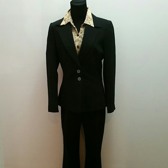 Black and white pinstripe Tahari power suit.