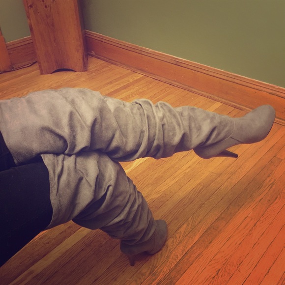 Gray thigh high boots