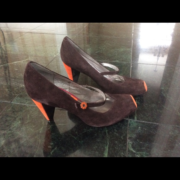 Brown and Orange Suede Heels with Strap