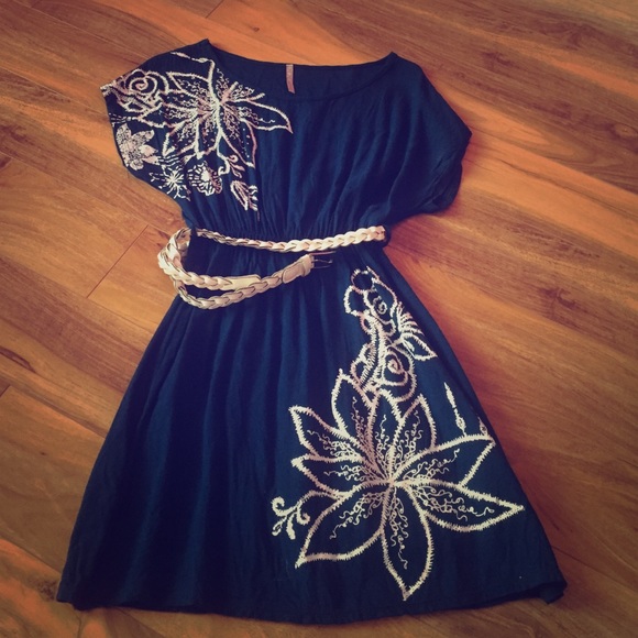 White and blue dress with white braided belt