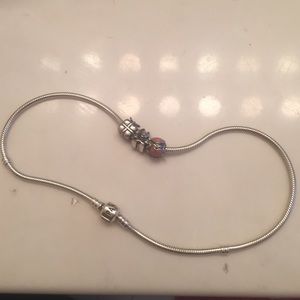 Pandora silver necklace (includes three beads)