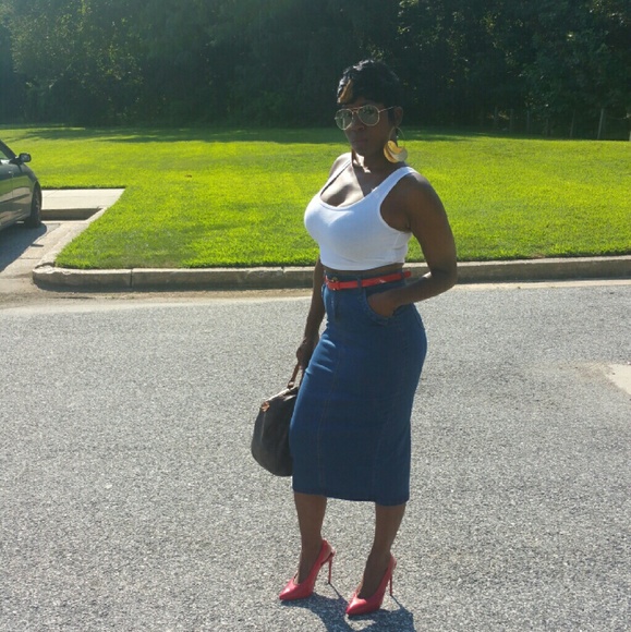 Split Back Denim Skinny Skirt M: 70 cm, - Picture 3 of 4